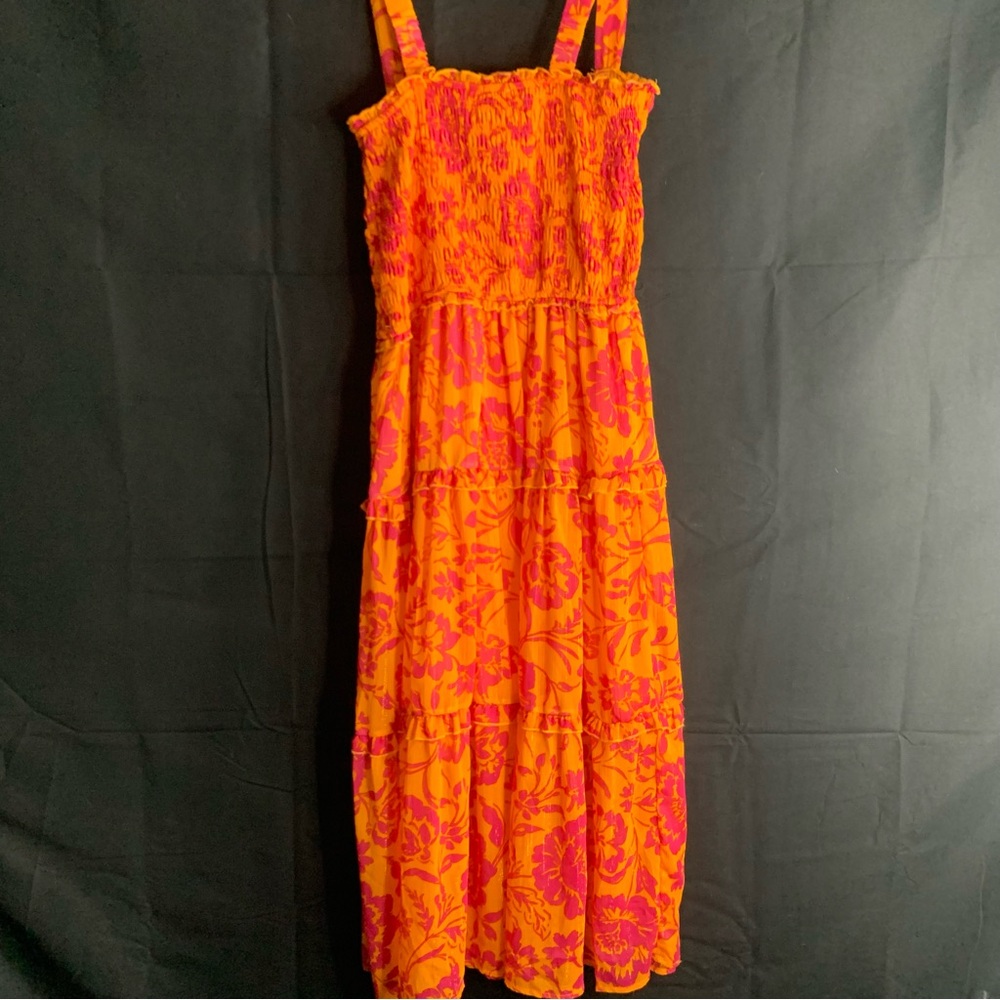 NWT Umgee Vibrant Orange and Pink Floral Smocked Tiered Dress, size L - Picture 9 of 10